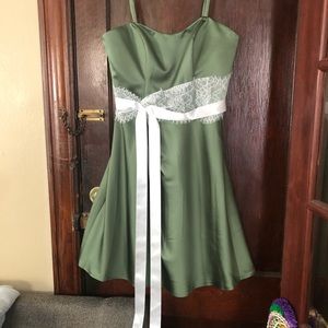 Impressions satin dress with lace and ribbon